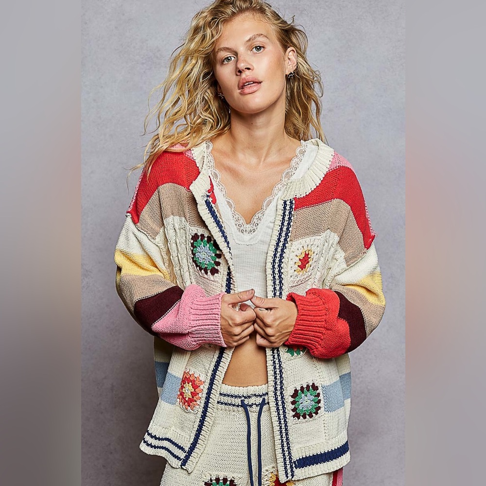 POL Chenille Patchwork Cardigan Balloon Sleeve Oversized Sweater